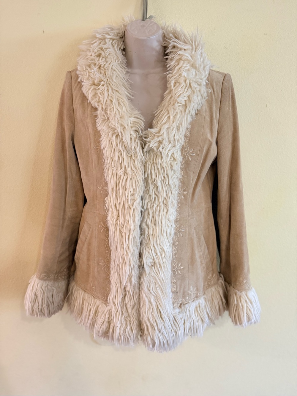 Xhilaration Beige Faux Fur Trim Suede Jacket Penny Lane embroidered trim Y2K
